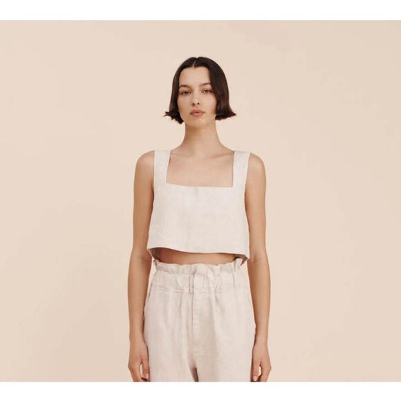 Posse Tops - Posse Alice Crop Top 100% Linen in Beige Size Large Square Neck